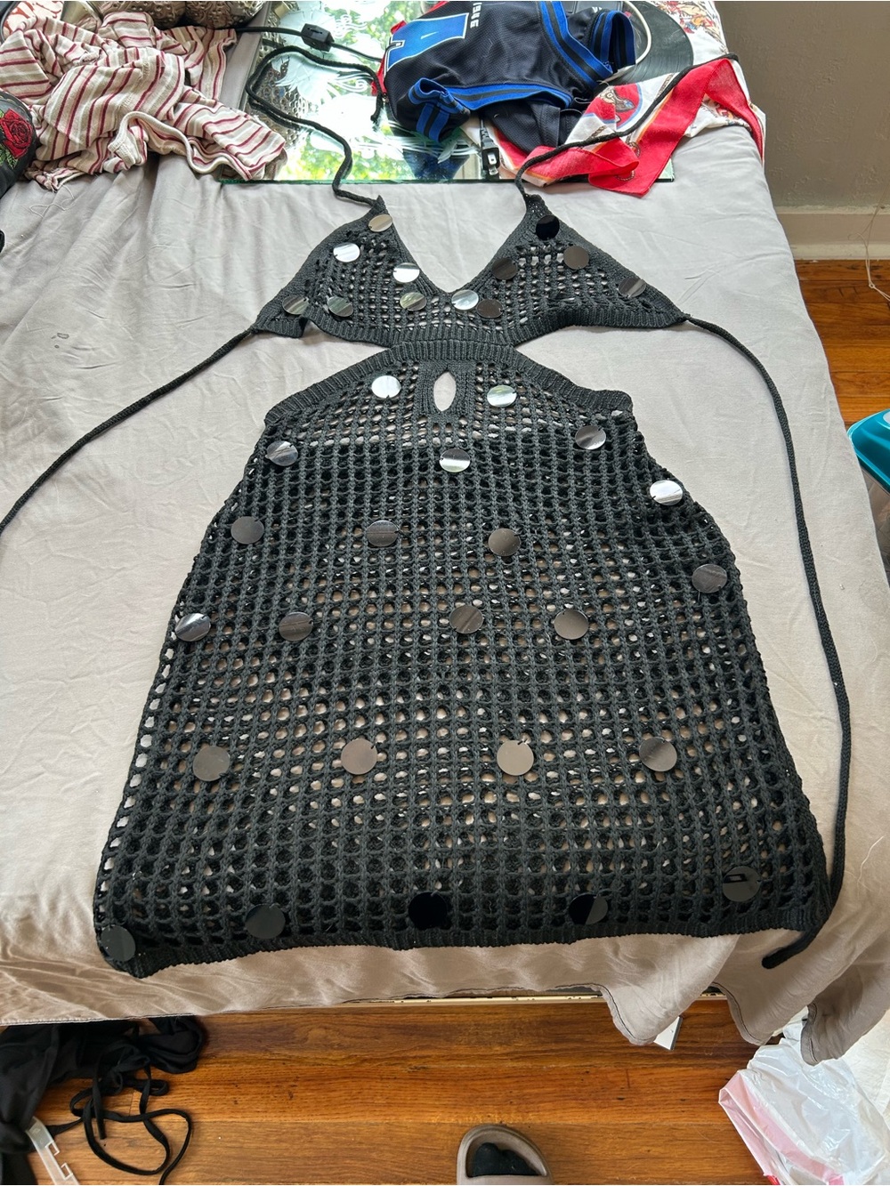 Black Crochet Cutout Maxi Dress with Mirror Accents